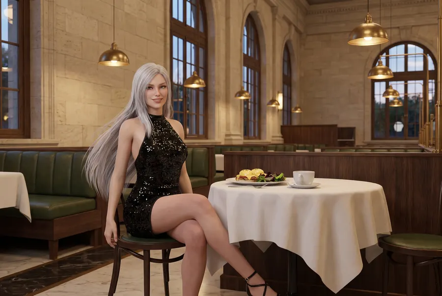 Lena Ashdown, the guide's host, sits at a table in a restaurant inside an old railway station, with eggs benedict and a cup of coffee
