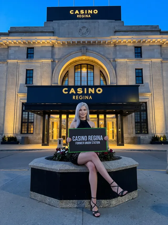 A woman at the former Union Station portal at dusk